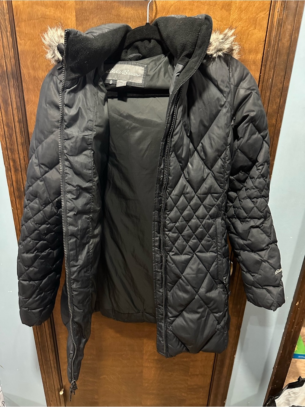 Eddie Bauer Black Quilted Hooded Puffer Coat with Faux Fur Trim